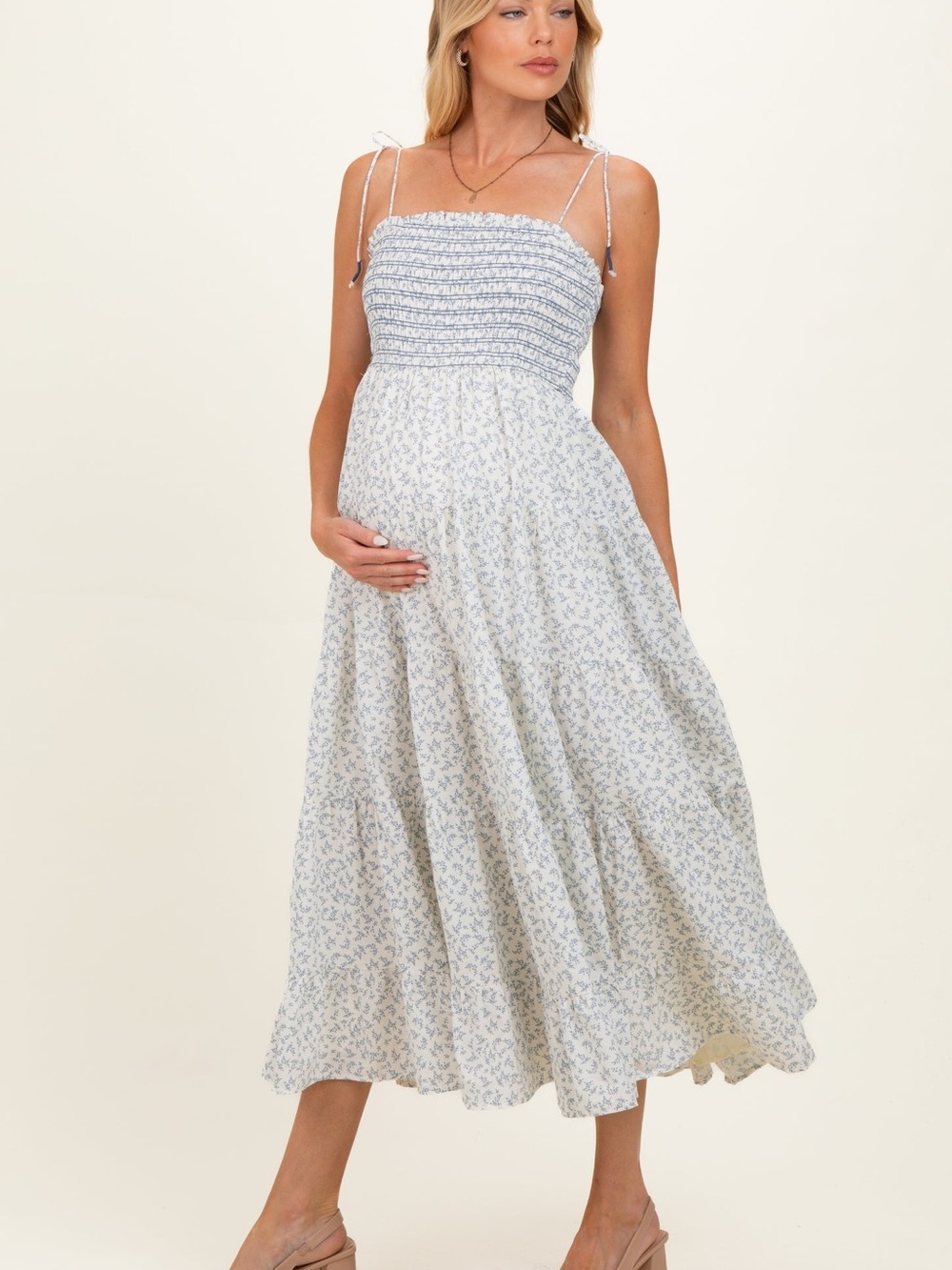 Cream Blue Floral Smocked Tiered Maternity Midi Dress